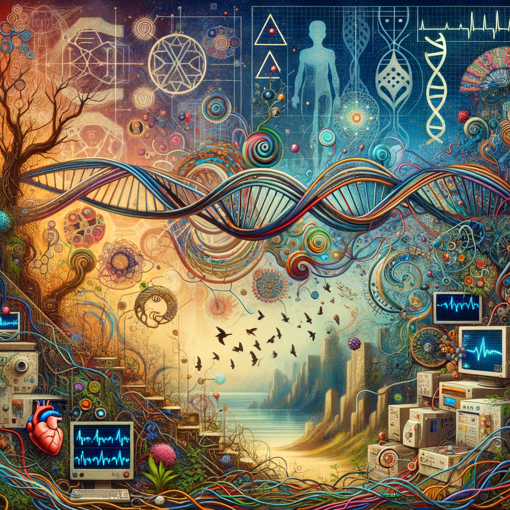 circuitry, diagrams Cellular structures, DNA, circuit boards, colorful wires,  asian and Egyptian  graffiti, lie detector graphs, cardio, printout , branches infinity sign, cave, Art, handprints, distant birds flying, flowering vines, abstract gestural painting, dna