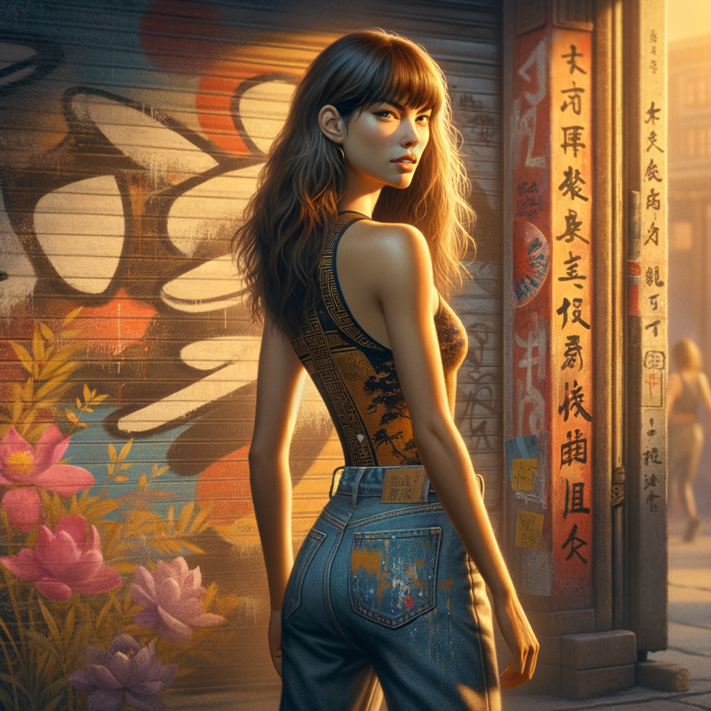 Athletic Thin skinny Attractive, Asian teenage girl, long brown hair and bangs, wearing tight skinny jeans and a halter top paint marks on her clothing, heroic pose Asian graffiti background, backside view