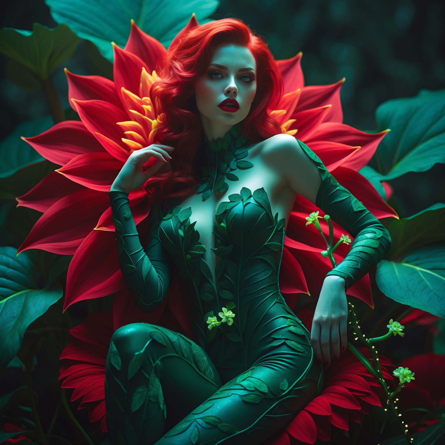 A stunningly seductive woman with fiery red hair, cascading in soft waves, dressed in an intricately detailed, deep green, leaf-textured bodysuit that clings to her curves. She is seated gracefully inside a giant blooming dahlia flower, its deep red and velvety petals unfolding around her like a throne of nature. Her piercing emerald-green eyes glow with an enchanting allure, and her full lips are painted a bold crimson. A few delicate vines wrap around her arms and legs, adorned with small glowing blossoms. The scene is bathed in a warm, ethereal light, casting a soft glow on her flawless, porcelain skin. Her posture is both powerful and inviting, one hand delicately caressing a petal while the other rests on her thigh. The background features a dreamlike botanical setting, with massive bioluminescent leaves and an aura of mystical, untamed nature. The composition is framed to capture her dominance and sensuality, blending elements of high fantasy and sultry glamour. The image has a cinematic, editorial quality, with rich details and a luxurious, velvety texture that brings out the vivid colors of the dahlia and her outfit. She exudes an intoxicating mix of seduction, danger, and botanical magic—the true essence of Poison Ivy reimagined in Dahlia’s world.”