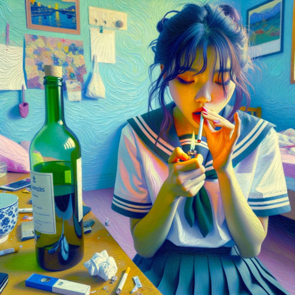 Schoolgirl smoking a cigarette in her room with a bottle of wine.