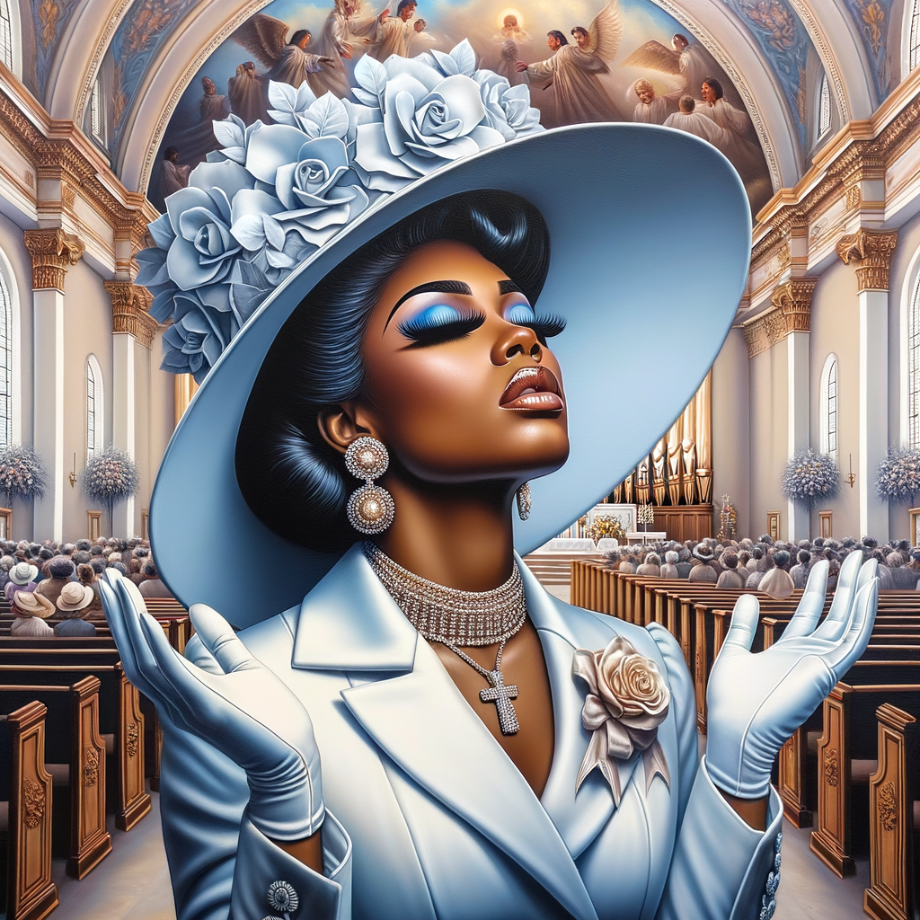 Render an airbrush oil painting of an African American woman with flawless makeup
kneeling at a church altar, her hands raised in a gesture of surrender to God. She's
dressed in stylish Sunday Best attire, with a particular focus on the delicate details of
her Church Hat. The background features a beautifully painted church interior, with the
oil paint texture enhancing the sacred atmosphere. The artwork should capture the
woman's devout expression, the elegance of her attire, and the spiritual ambiance of
the church setting, reflecting a moment of deep faith and devotion.