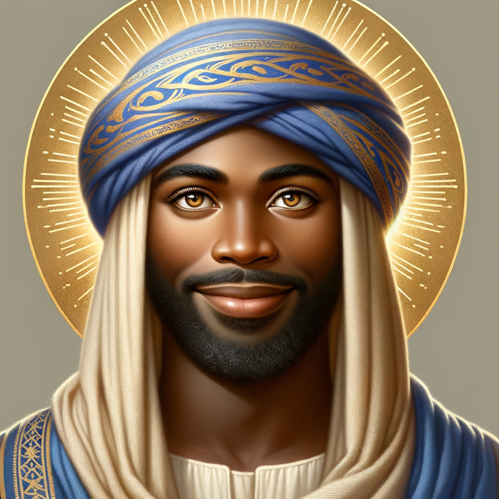 Create a African-American Jesus Christ with Hazel Brown eyes, wearing a blue and gold robe and a blue and gold head covering,He is smiling