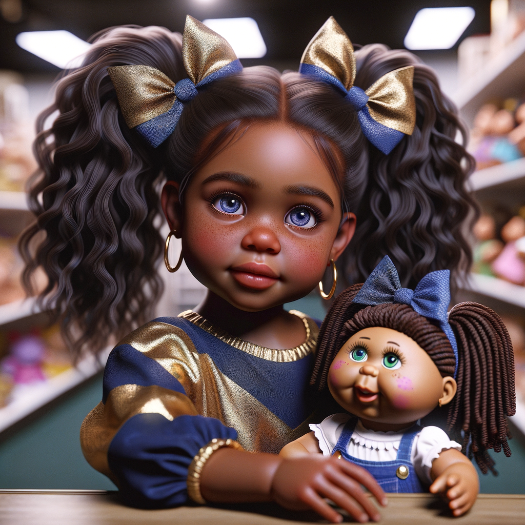 Create a 3-D image of an african-American little girl inside of a medium size, toy store. The little girl has thick long, ponytails and huge blue eyes. She has on a gold and blue jumpsuit with matching bows, She is playing with her favorite african-American cabbage patch doll, the doll has deep, dimples, and freckles and looks just like her