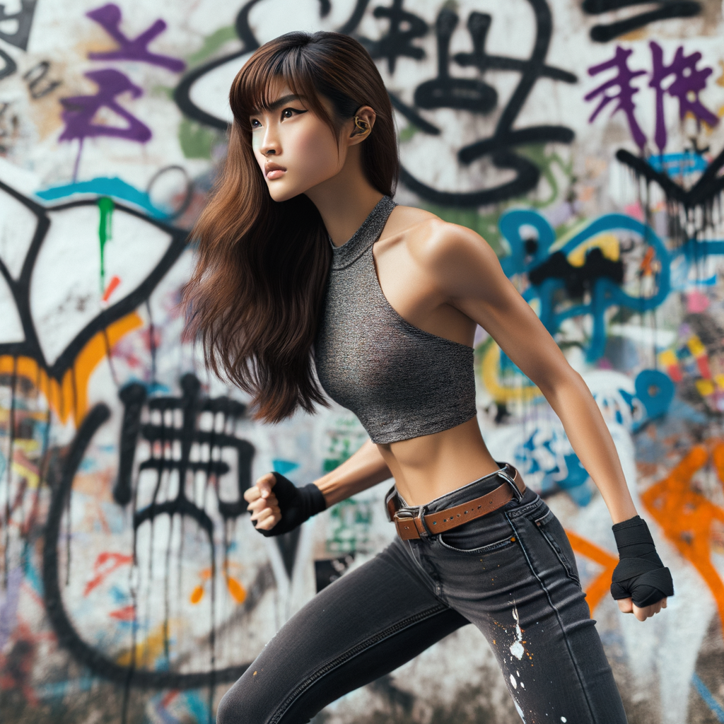 Very thin Athletic Thin skinny Attractive, Asian teenage girl, long brown hair and bangs, wearing tight skinny jeans and a halter top paint marks on her clothing, heroic sideways pose Asian graffiti background