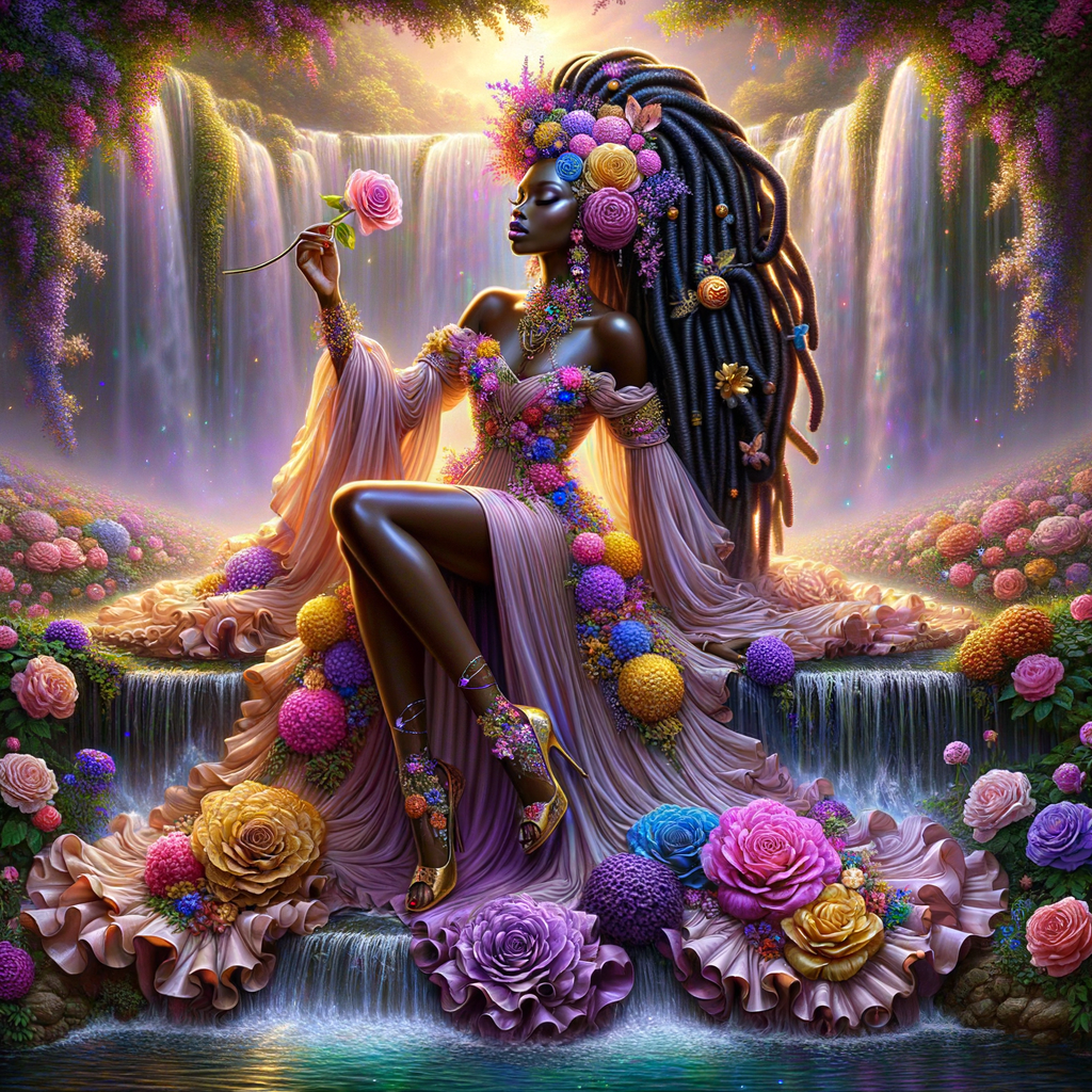 Remix Prompt
S/O Jackie Torres
S/O Panda Locke

create a animated style hyper realistic airbrush whimsical oil painting of a light African American woman wearing a flawless beautiful purple, pink, and gold blossom dress long flowing with colorful flowers and ruffles on the dress colorful jewelry made of flowers she has long black dreadlocks in a bun a colorful rose in her hair her peep toe shoes is matching her dress behind her is a beautiful waterfall liquid glowing lights beautiful colorful rainbow surrounded by beautiful roses.