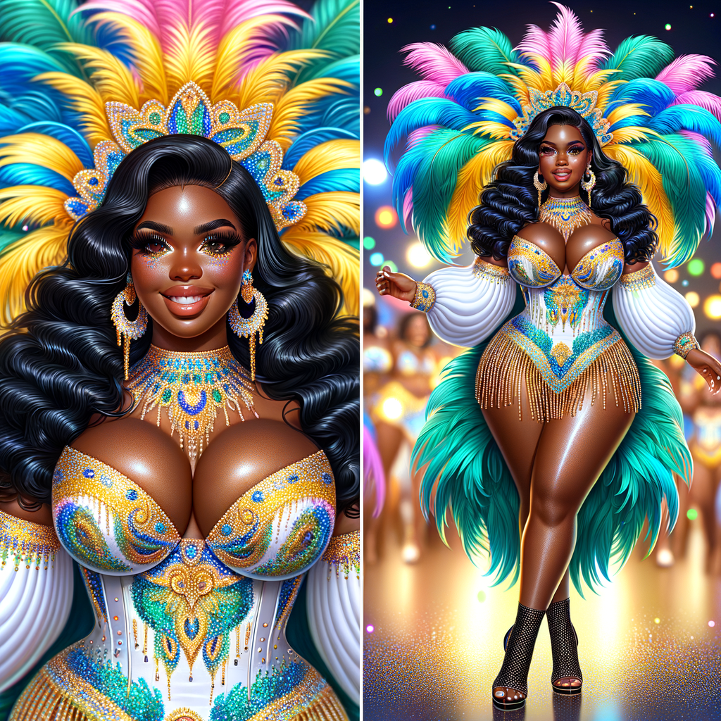 Create a 3-D  vivid full-body view of a colorful glossy hyper-realistic oil painting of a detailed illustration full length photo single image of a beautiful African-American caramel skinned woman plus sized, with long, black, wavy hair, her make up is airbrushed and flawless, she is dressed in a white, teal and yellow large, elaborate, elegant, very detailed carnival costume with colorful African-American pink, blue, gold yellow green feathers, flawless makeup, prominent lashes, black peep toe heels, white pixie hair, background bokeh, she is stunning and smiling, digital art.