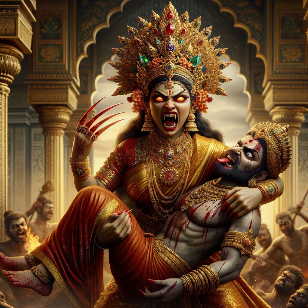 portrait of angry looking goddess durga  carrying a weak mahishasur in her arms and poking him with her amazingly long red fingernails. She is wearing a huge gold crown, red saree, abundant  gold jewelry, covered in blood. The scene is set in ancient India. The image is 8K resolution, cinematic, ultra detailed face and epic.