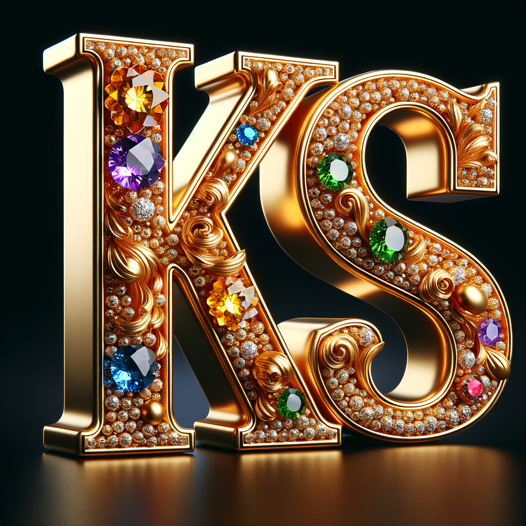 Create a 3-D realistic image with the letters  K.S. in gold raised letters , Add diamonds and colorful jewels