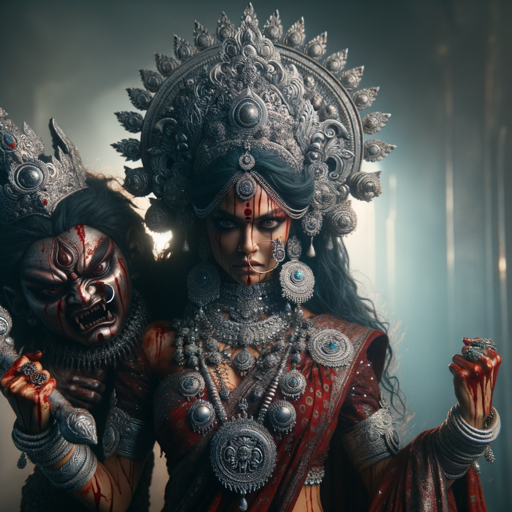 portrait of angry looking, gorgeous goddess durga cosplayer carrying a weak mahishasur in her two arms. She is wearing a huge silver crown, red saree, abundant silver jewelry, covered in blood. The scene is set in ancient India. The image is 8K resolution, cinematic, ultra detailed face and epic.