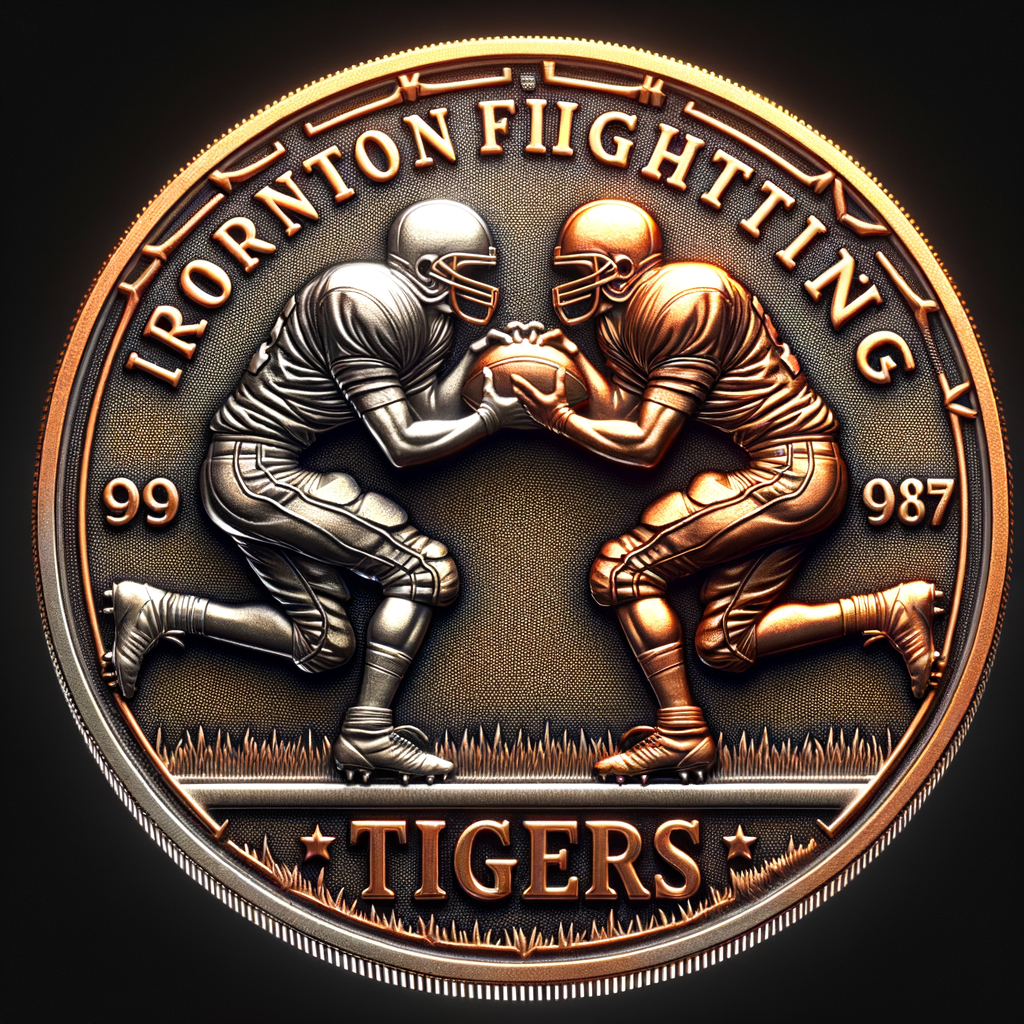 Create a coin, the coin is copper, gold and silver, the coin has two gootball players going head to head.  The coin reads"Ironton Fighting Tigers"