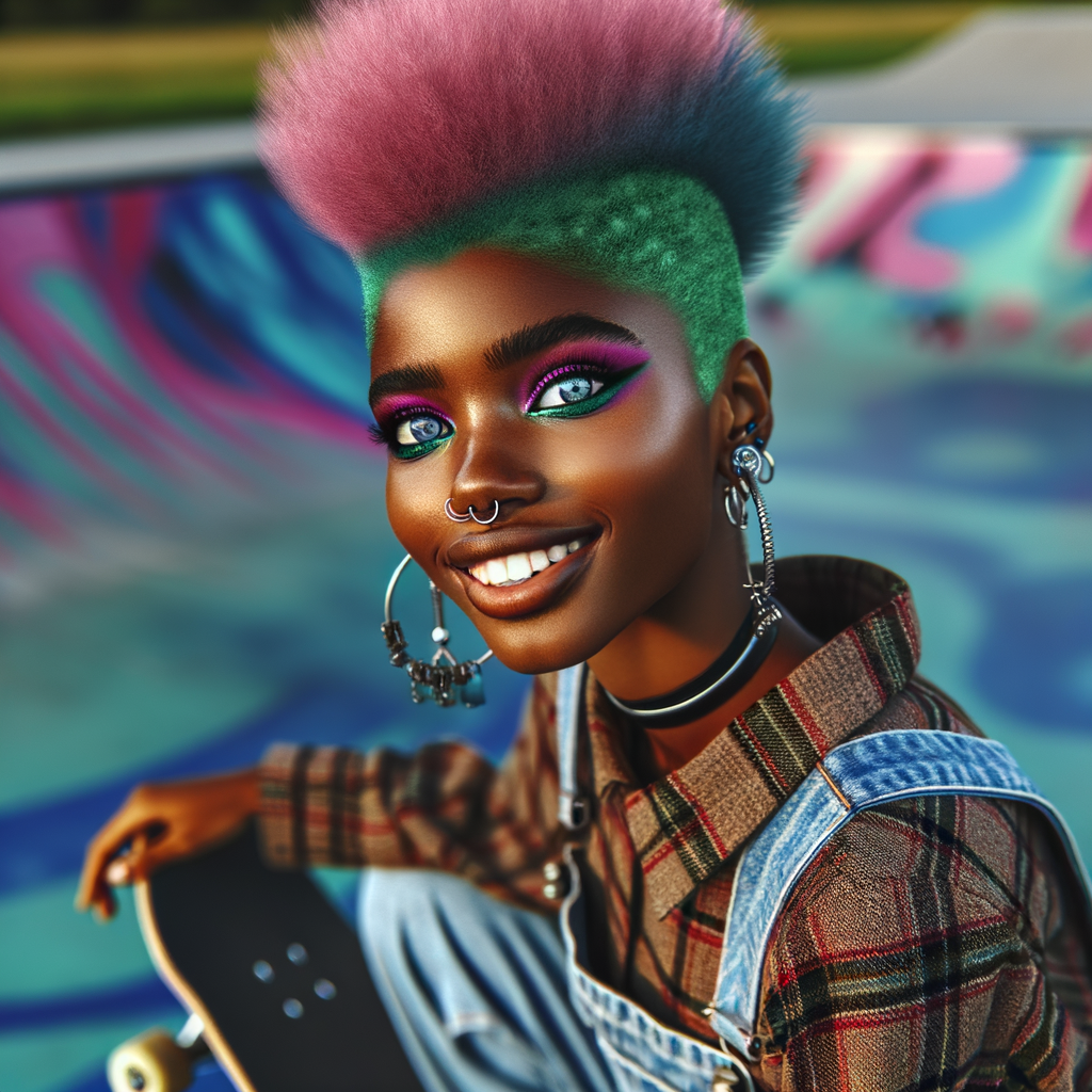 A airbrush hyperrealism illustration of a curvy  brown skin African American woman with a Pink and green mohawk, big blue eyes, wearing punk rock attire, smiling. She is on a skateboard  in a skate park. Background is colorful,