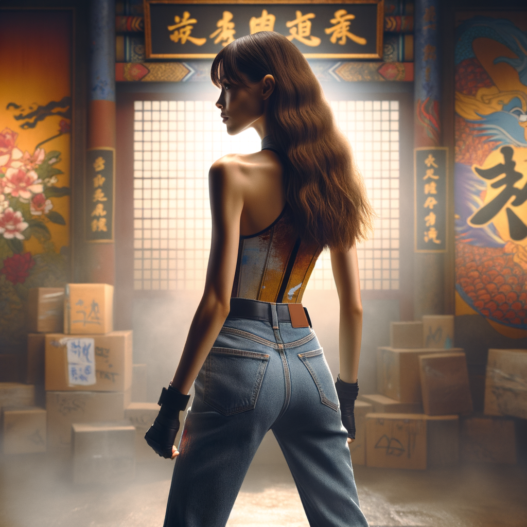 Athletic Thin skinny Attractive, Asian teenage girl, long brown hair and bangs, wearing tight skinny jeans and a halter top paint marks on her clothing, heroic pose Asian graffiti background, backside view