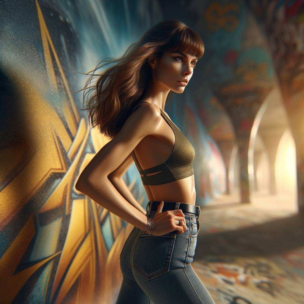 Athletic Thin skinny Attractive, Asian teenage girl, long brown hair and bangs, wearing tight skinny jeans and a halter top paint marks on her clothing, heroic pose Asian graffiti background, backside view