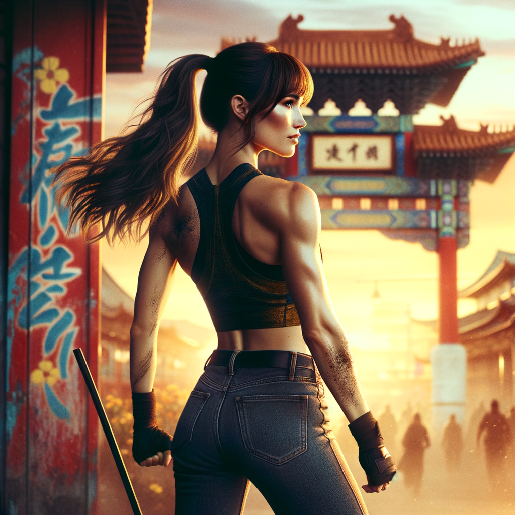 Athletic Thin skinny Attractive, Asian teenage girl, long brown hair and bangs, wearing tight skinny jeans and a halter top paint marks on her clothing, heroic pose Asian graffiti background, backside view