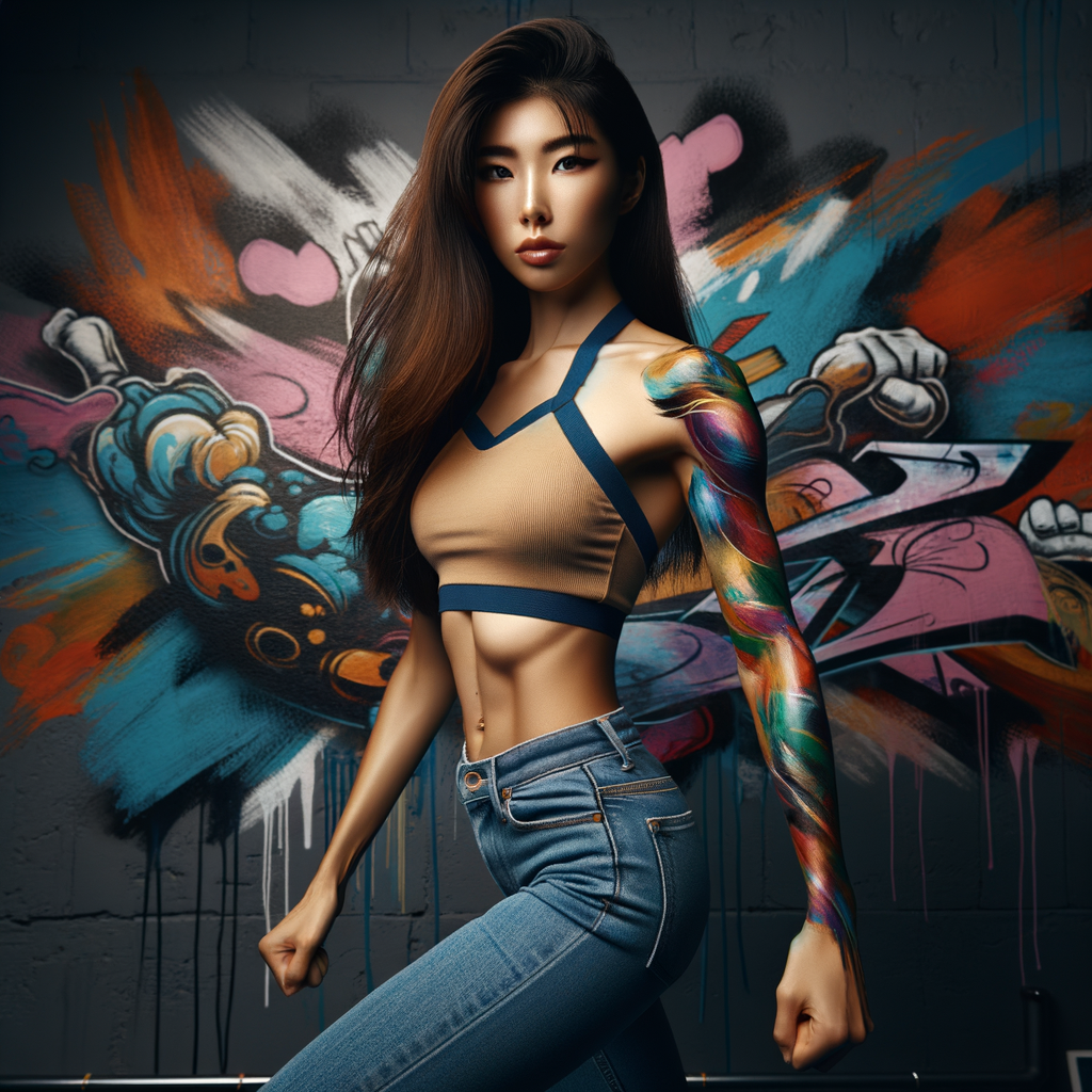 Athletic Thin skinny Attractive, Asian teenage girl, long brown hair and bangs, wearing tight skinny jeans and a halter top paint marks on her clothing, heroic pose Asian graffiti background