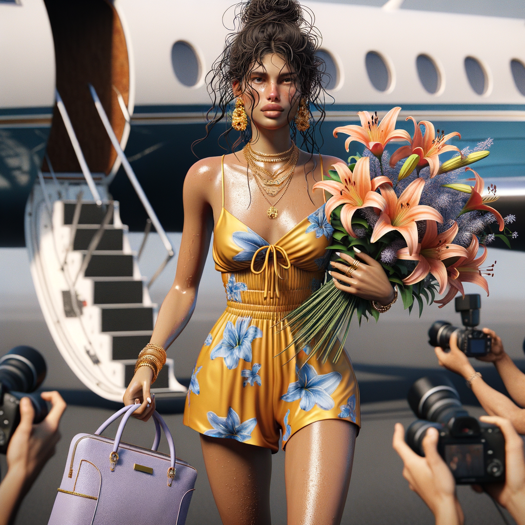 A full view of a beautiful curvy Caucasian woman with wet loose long curl hair in a messy bun. wearing a vibrant yellow and, baby blue lilys on shorts romper with spaghetti straps. gold high heels, gold jewelry purple beach bag with bright living coral lilys French tip nails, no make up, boarding a private jet with paparazzi taking pictures