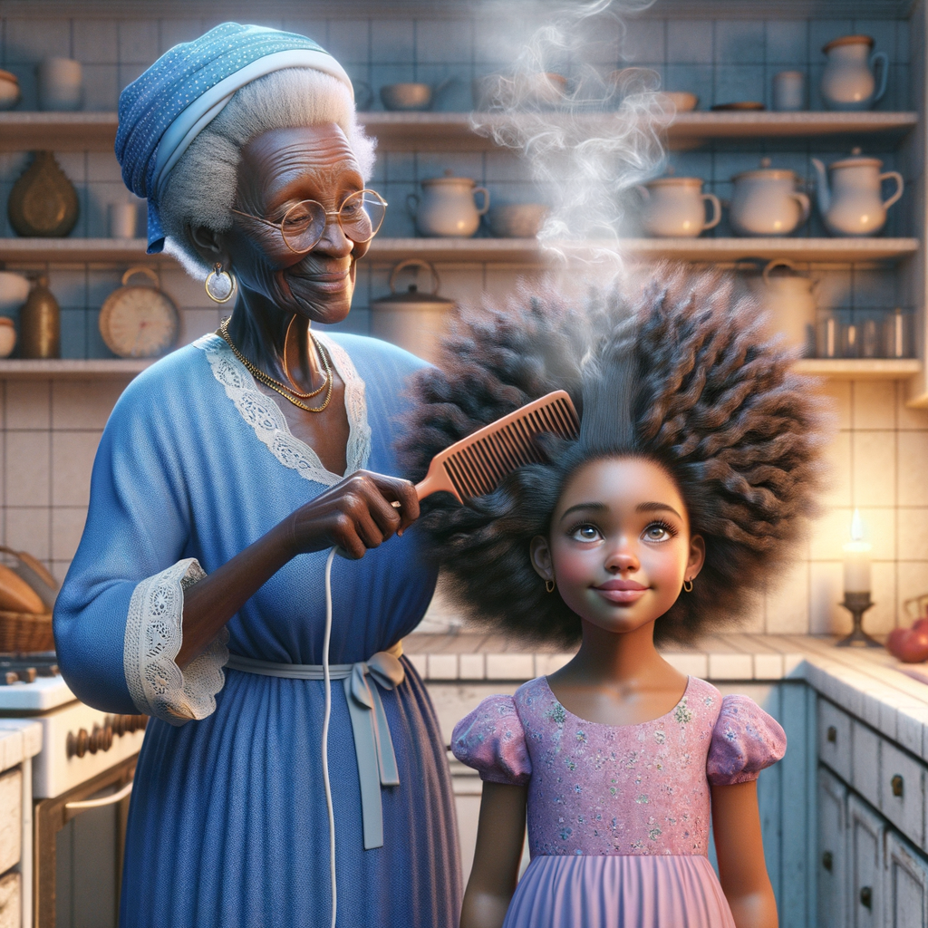 Create a realistic 3-D image of an african-American grandmother wearing a blue house dress. She is in the kitchen with her african-American granddaughter. Her granddaughter is wearing a pink dress The grandmother has a hot comb in her hand and she is straightening her granddaughters hair. One side of her granddaughters hair is in  a Afro the other straight 
There is smoke coming from the hot comb