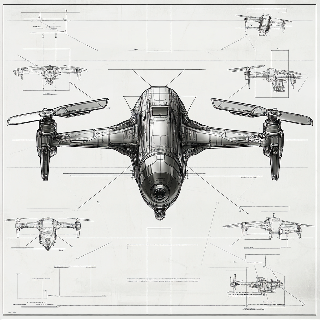 A detailed specification sheet for drone with callouts and dimensions, highly technical