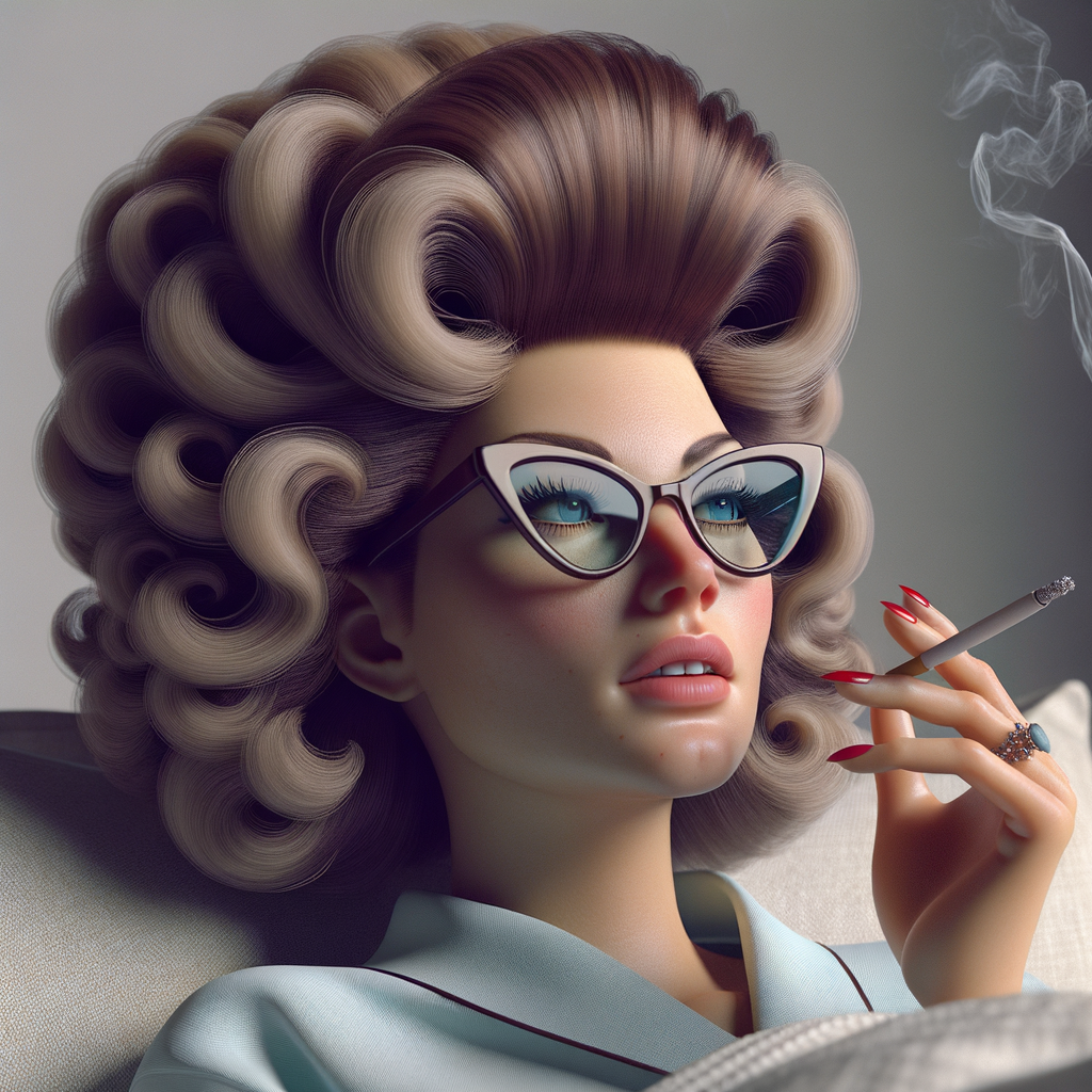 Woman with big 1950s beehive hair and cat eye glasses, smoking a cigarette in bed.