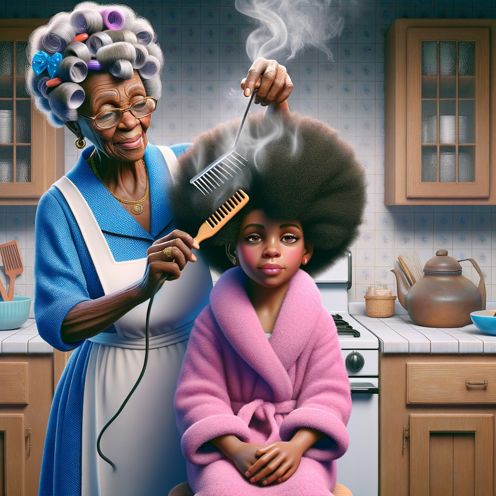 Create a realistic 3-D image of an african-American grandmother wearing a blue house dress and a white apron . She is in the kitchen with her african-American granddaughter. Her granddaughter is wearing a pink bath robe. The grandmother has a hot comb in her hand and she is straightening her granddaughters hair. One side of her granddaughters hair is in  a Afro the other straight 
There is smoke coming from the hot comb
The granddaughter is making a face as if to say grandma that hurt