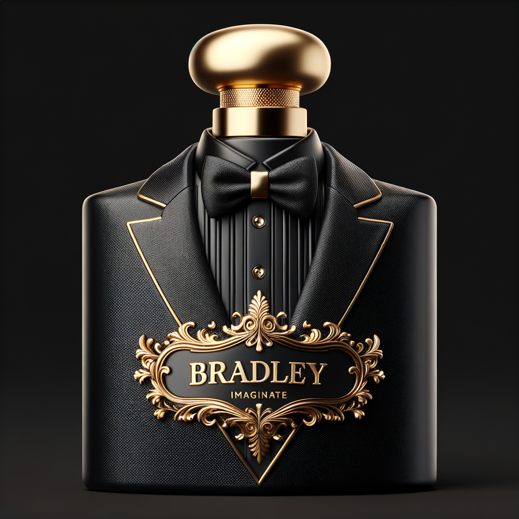 Create a realistic, 3-D cologne bottle That looks like a black Gucci tuxedo with a gold top and the name Bradley written in gold letters