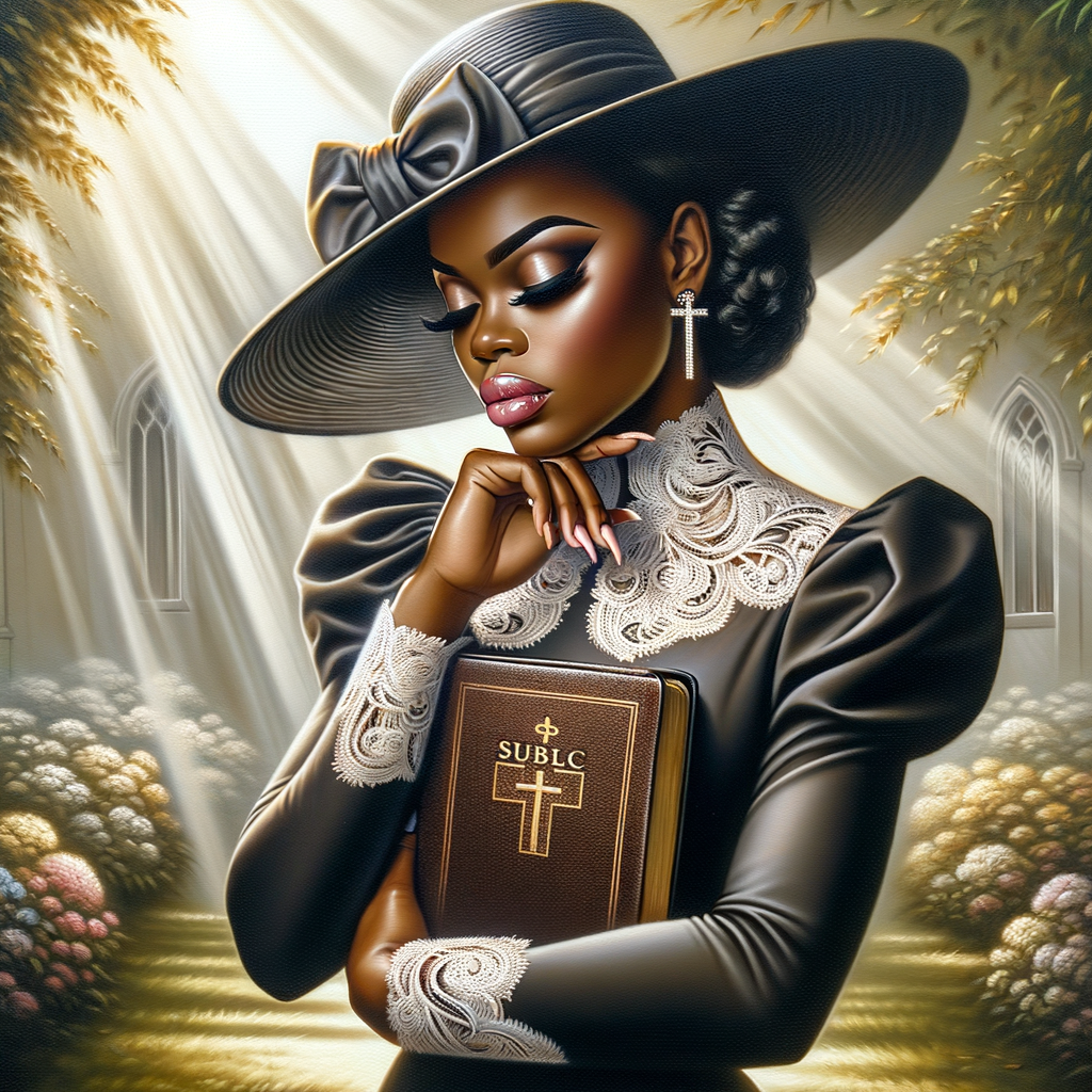 Render an airbrush oil painting of an African American woman with flawless makeup in a
contemplative pose, holding a Bible close to her heart, dressed in an elegant Sunday Best
outfit with a distinctive Church Hat. The background features a peaceful church garden,
with light filtering through the trees, highlighting her spiritual connection and the personal
moment of reflection. The artwork should capture the tranquility of the scene, the beauty
of her attire, and the depth of her contemplation, reflecting a serene and spiritually