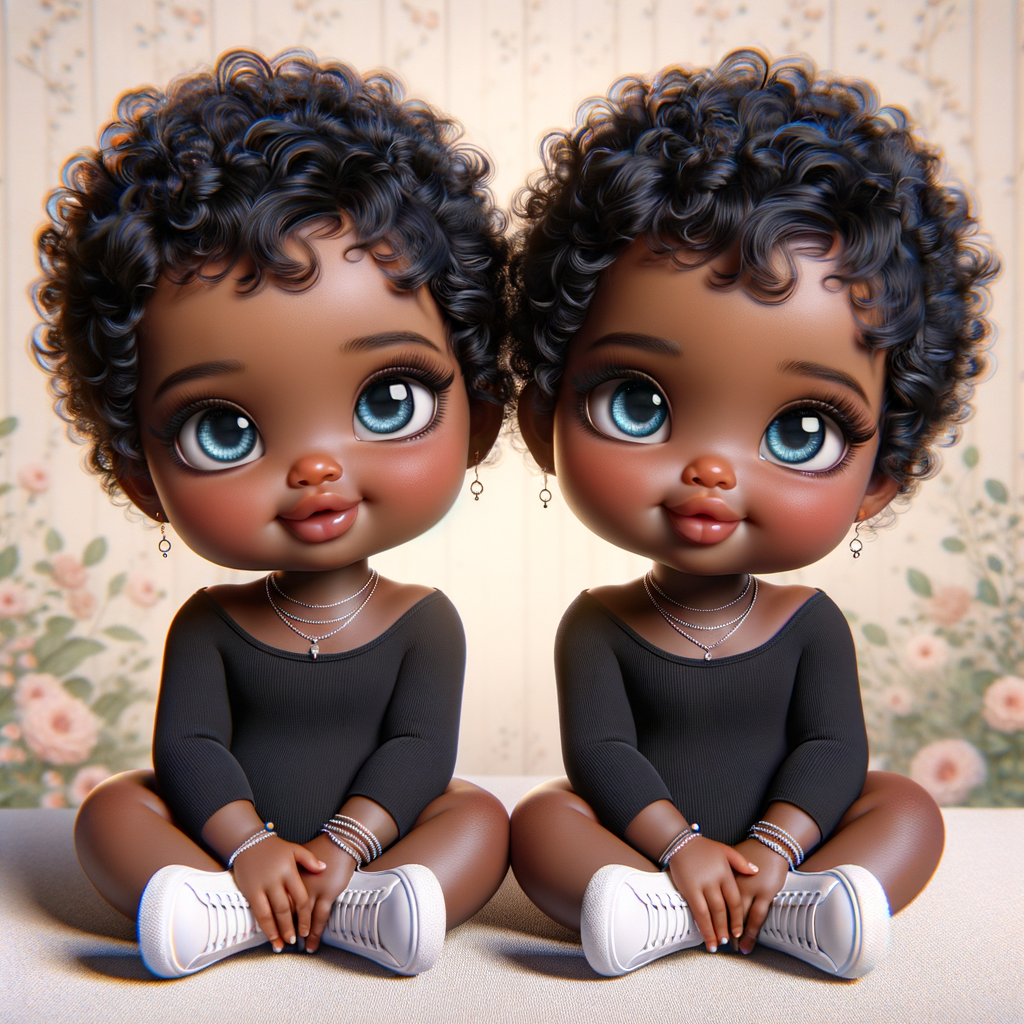 Imagine a pair of adorable, 3D animated african-American, infant twins with radiant blue eyes and curly black hair, posed with their chubby cheeks resting in their hands. They're dressed in simple yet stylish black onesies. Delicate jewelry adorns their wrists. They're seated comfortably with white sneakers on their feet. The background is a soft pastel floral pattern, creating an atmosphere of innocence and charm, without any text present in the image.