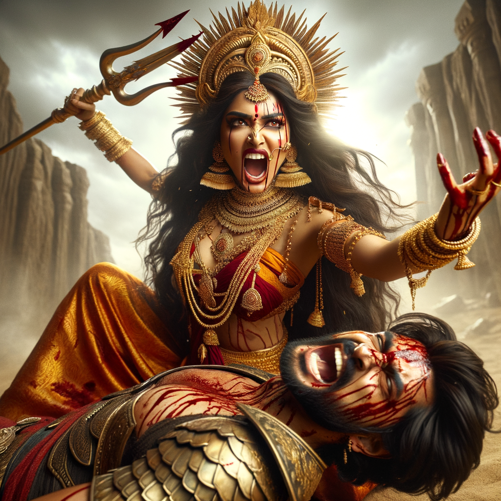 portrait of angry looking, indian goddess cosplayer straddling a defeated mahishasur, while he is lying on the ground and she stabs him with her trident. She is wearing a huge gold crown, red saree, abundant  gold jewelry, covered in blood. The scene is set in ancient India. The image is 8K resolution, cinematic, photography, ultra detailed face and epic.