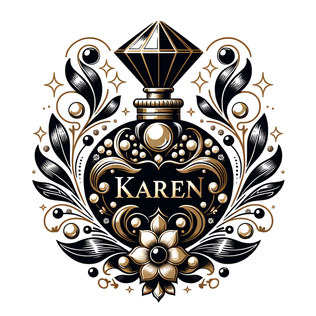 Design a fancy, black and gold bottle of perfume in the shape of a woman’s body. With a golden diamond top, flowers pearls and Diamonds in the name, Karen