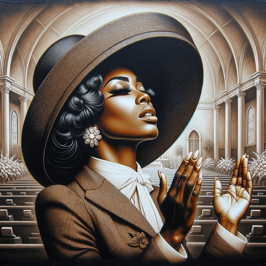 Render an airbrush oil painting of an African American woman with flawless makeup
kneeling at a church altar, her hands raised in a gesture of surrender to God. She's
dressed in stylish Sunday Best attire, with a particular focus on the delicate details of
her Church Hat. The background features a beautifully painted church interior, with the
oil paint texture enhancing the sacred atmosphere. The artwork should capture the
woman's devout expression, the elegance of her attire, and the spiritual ambiance of
the church setting, reflecting a moment of deep faith and devotion.