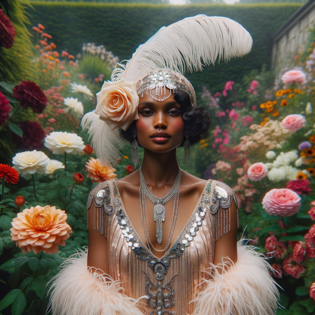 Create an Light skin African-American flapper women from the 1920s
With beautiful flowers in the background