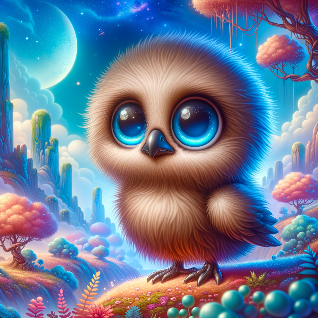 Cute and adorable African-American with huge blue eyes cartoon fluffy baby rhea, fantasy, dreamlike, surrealism, super cute