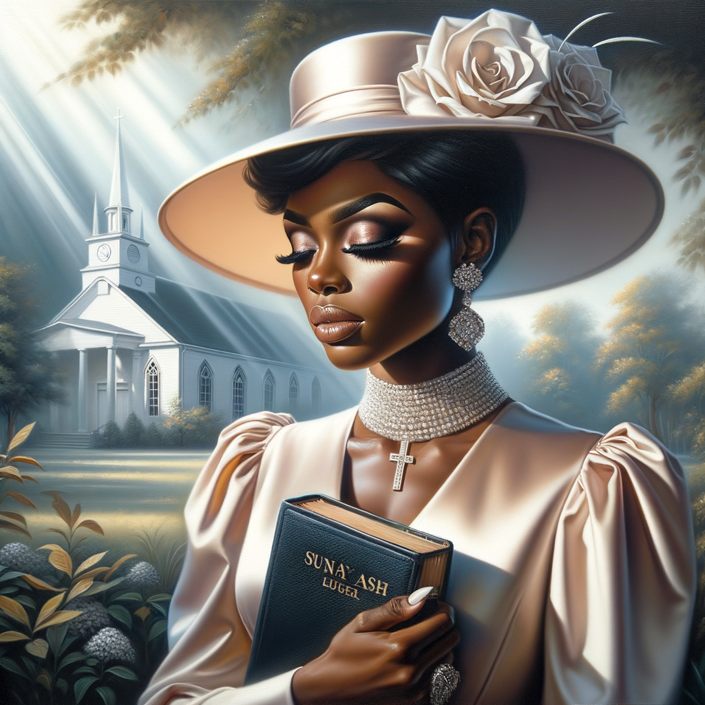 Render an airbrush oil painting of an African American woman with flawless makeup in a
contemplative pose, holding a Bible close to her heart, dressed in an elegant Sunday Best
outfit with a distinctive Church Hat. The background features a peaceful church garden,
with light filtering through the trees, highlighting her spiritual connection and the personal
moment of reflection. The artwork should capture the tranquility of the scene, the beauty
of her attire, and the depth of her contemplation, reflecting a serene and spiritually