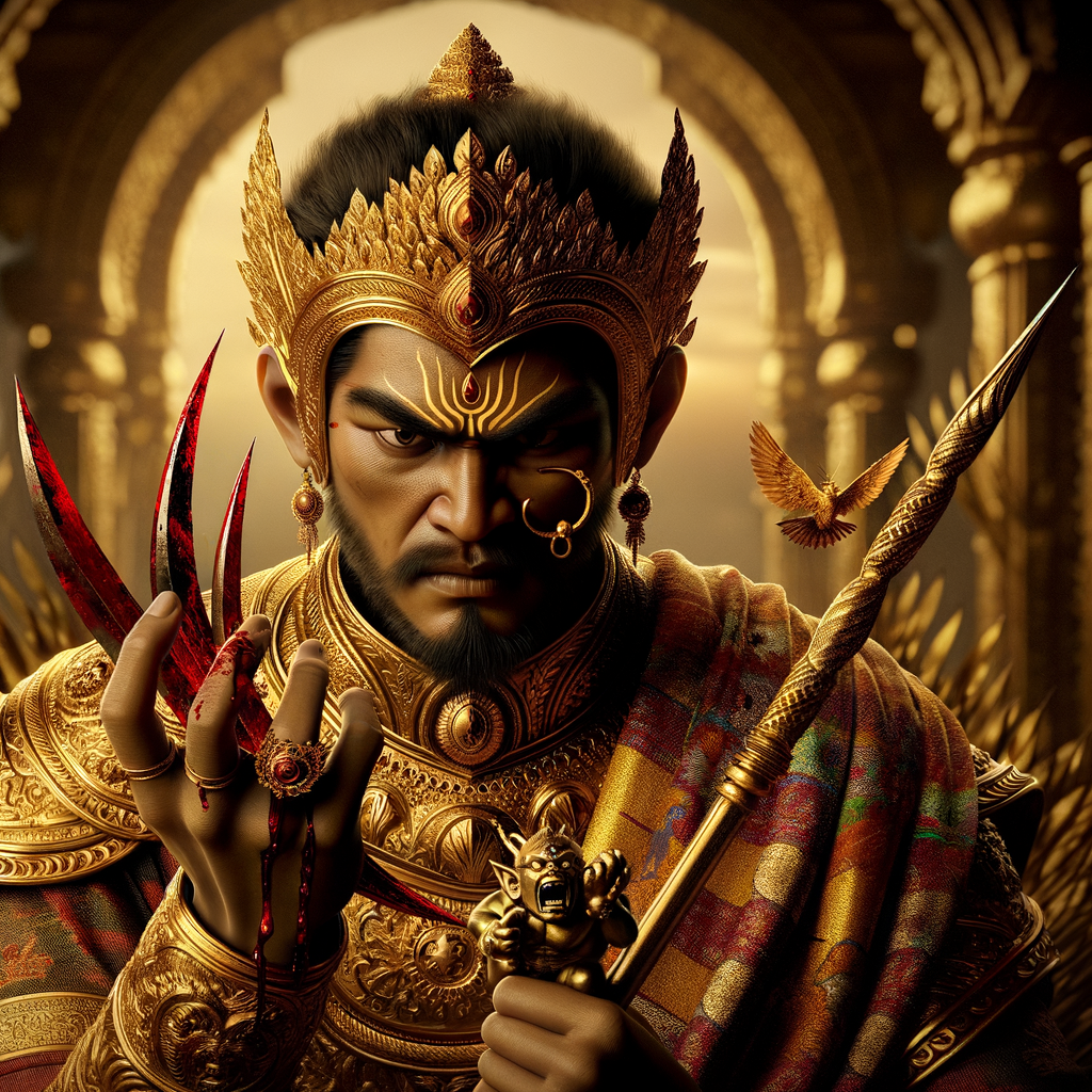 portrait of angry looking goddess durga  carrying a weak mahishasur in her arms and stabbing him with her amazingly long red fingernails. She is wearing gold armor, a huge gold crown, gold saree, abundant  gold jewelry, covered in blood. The scene is set in ancient India. The image is 8K resolution, cinematic, ultra detailed face and epic.