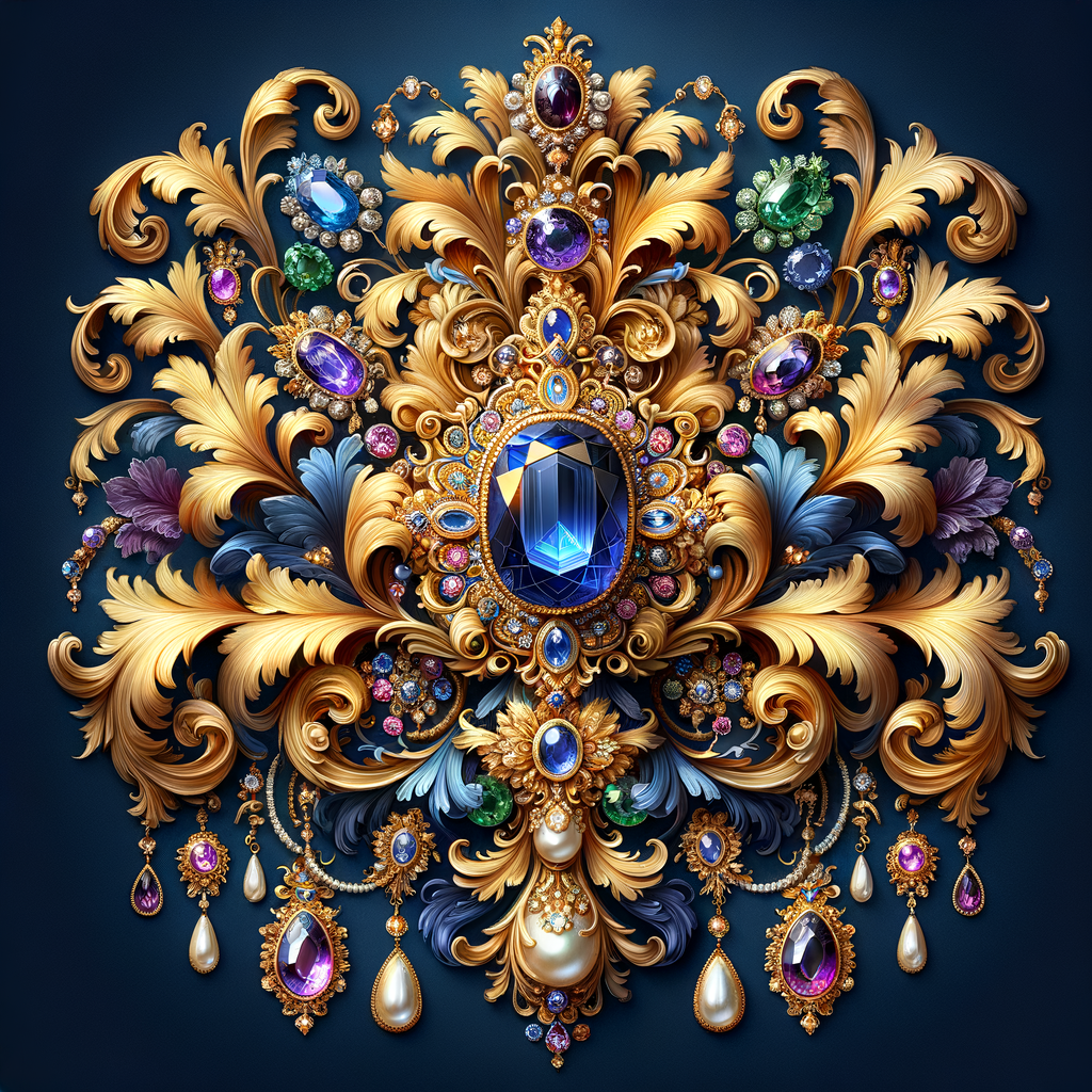 "Design an exquisite, baroque-style ornament composed of ornate gold scrollwork and flourishing acanthus leaves. Central to this design is a grand, oval-cut sapphire, surrounded by an intricate halo of smaller gemstones, including amethysts, emeralds, and pearls. Dangling elegantly from the central motif are various jeweled pendants and teardrop pearls, creating a sense of movement and opulence. The rich colors are set against a deep blue background, accentuating the gold's warm glow. Below this luxurious arrangement, the name 'KAREN' is displayed in an ornate gold script, reflecting the overall sumptuous aesthetic."