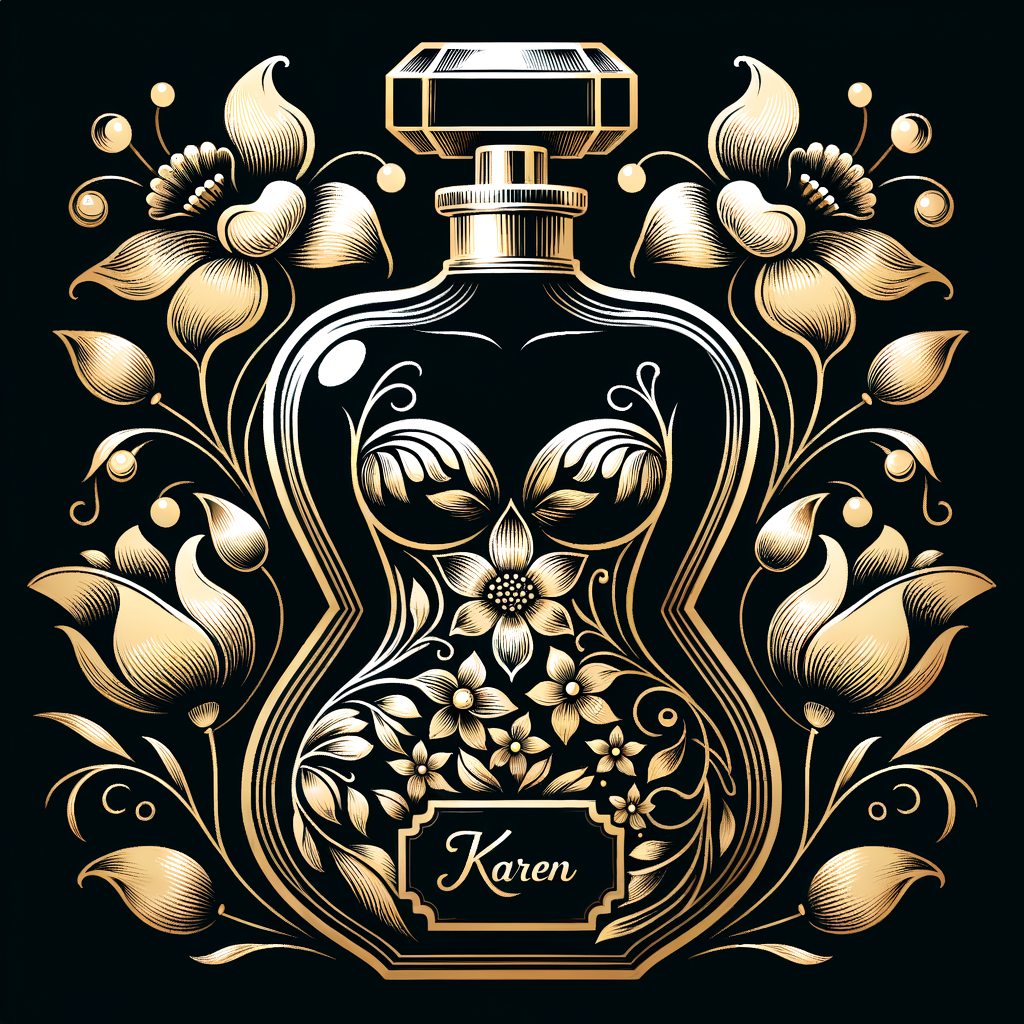 Design, a black and gold perfume bottle in the shape of a woman’s body with flowers and the name Karen