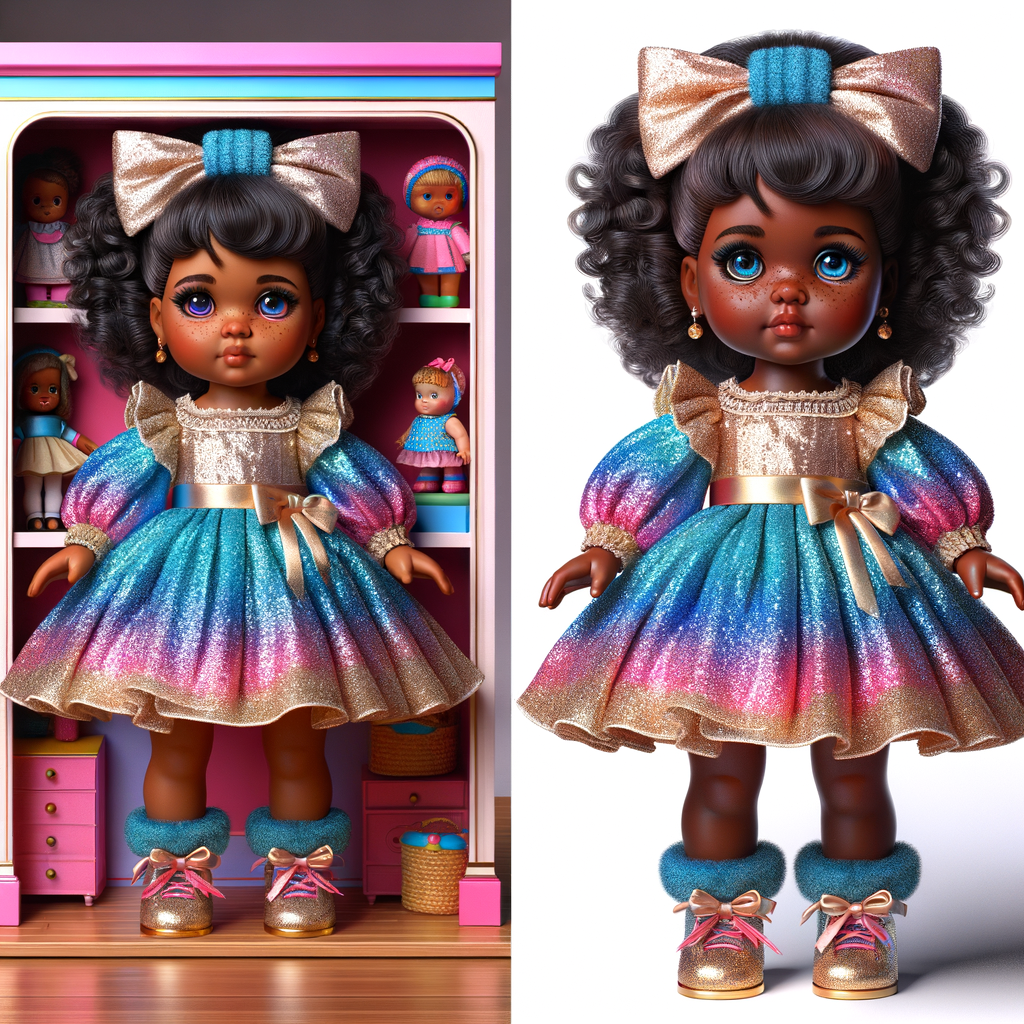 Design a 3-D realistic original African-American Cabbage Patch doll. She has on a blue pink and gold dress with matching booties. She has pink and blue bows in her hair. she lives inside of a colorful dollhouse. She has freckles and big dimples.