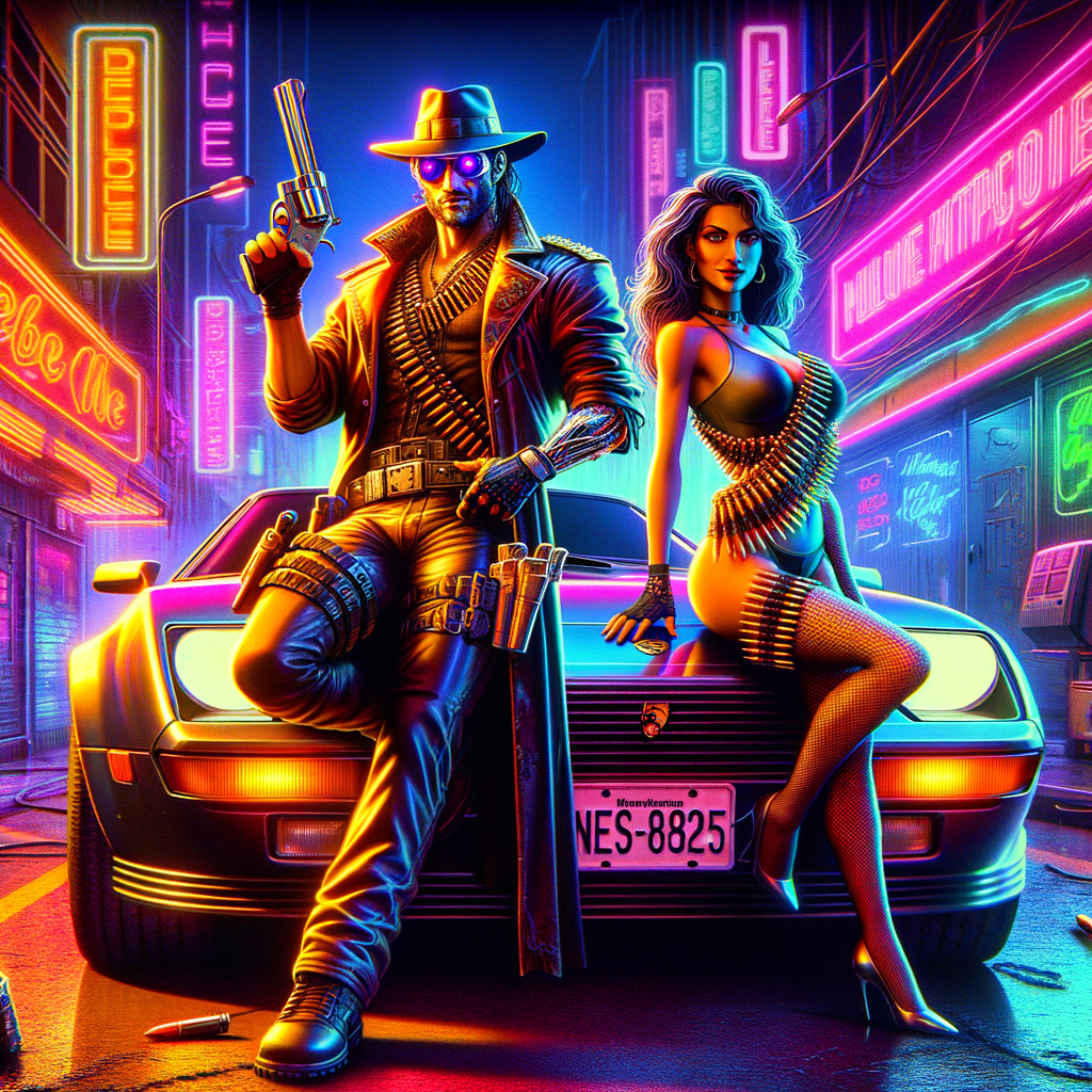 A wave runner anti hero cartoon character, with the ability to foresee dark shadows and events. He’s posing with a revolver and leaning against a Porsche 928 accompanied by a mid age sexy brunettes wearing bullet belts.