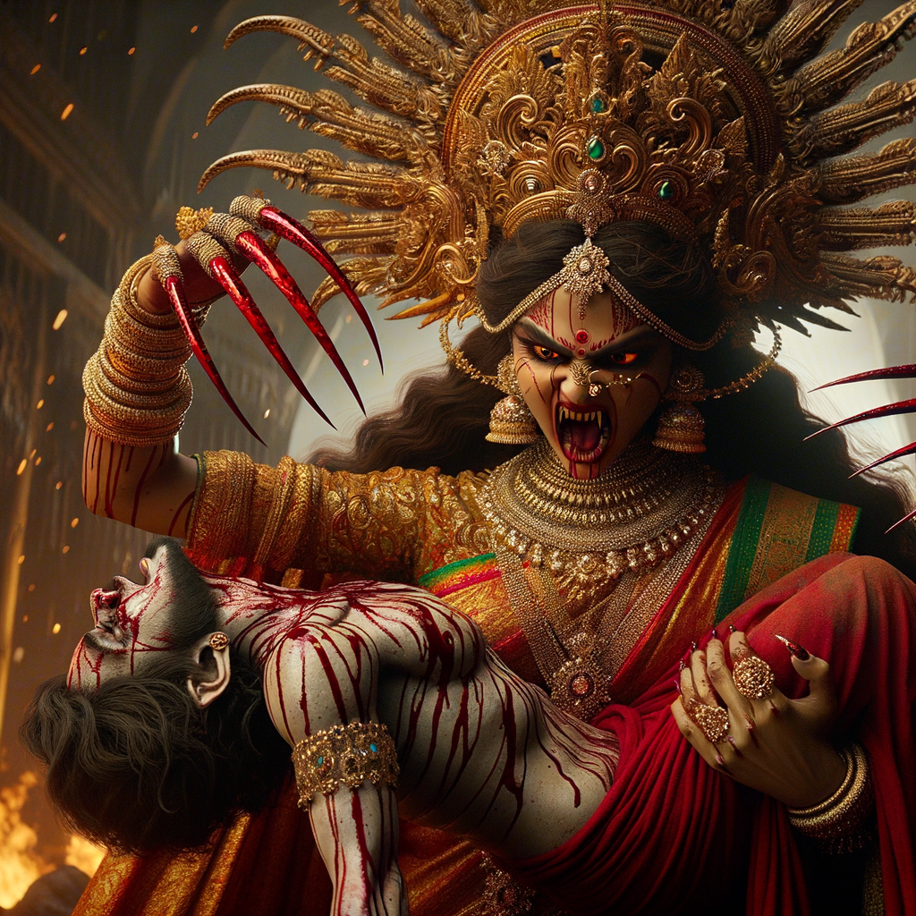 portrait of angry looking goddess durga  carrying a weak mahishasur in her arms and poking him with her amazingly long red fingernails. She is wearing a huge gold crown, red saree, abundant  gold jewelry, covered in blood. The scene is set in ancient India. The image is 8K resolution, cinematic, ultra detailed face and epic.