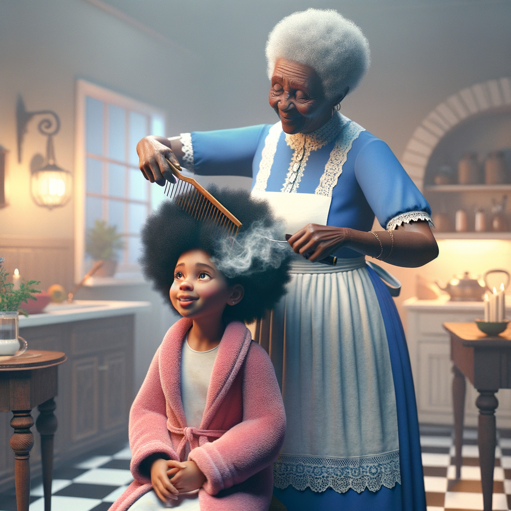 Create a realistic 3-D image of an african-American grandmother wearing a blue house dress and a white apron . She is in the kitchen with her african-American granddaughter. Her granddaughter is wearing a pink bath robe. The grandmother has a hot comb in her hand and she is straightening her granddaughters hair. One side of her granddaughters hair is in  a Afro the other straight 
There is smoke coming from the hot comb
The granddaughter is making a face