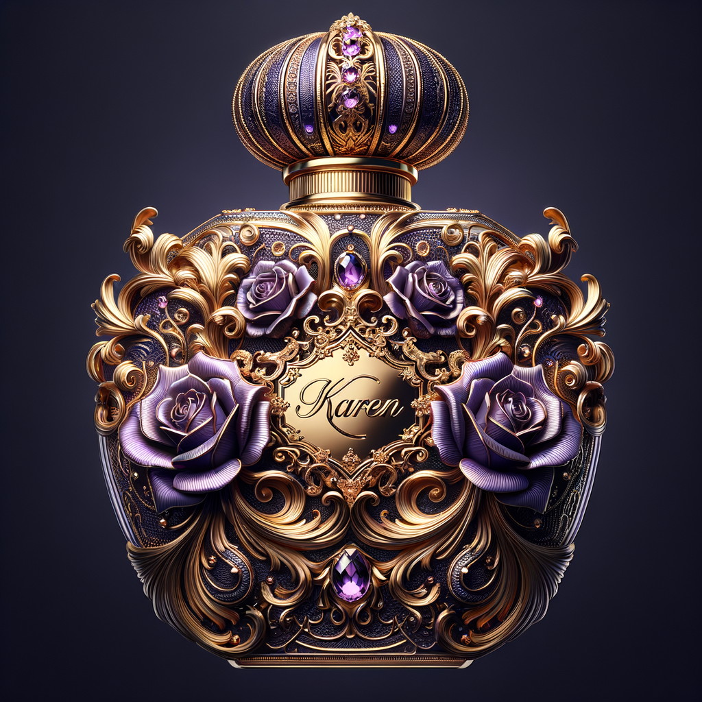 Craft an image of an ornate perfume bottle, with a luxurious design featuring purple roses and intricate gold detailing. At the center of the bottle, include an elegant, raised gold script that spells out the name 'Karen'. The bottle should exude opulence with a jeweled crown-like cap and a background that suggests sumptuousness and sophistication. The script should be harmonious with the lavish design, standing out against the purple and gold palette.