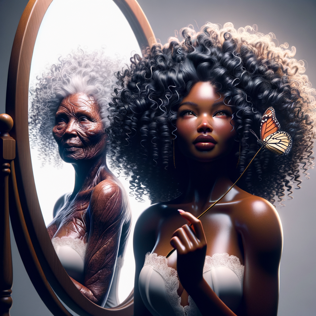 Create a 3-D realistic beautiful African-American  women with thick curly black hair
Looking at herself in the mirror, but the reflection she sees is a child, and she is no longer beautiful. She is ugly with scars. There is a fallen butterfly.