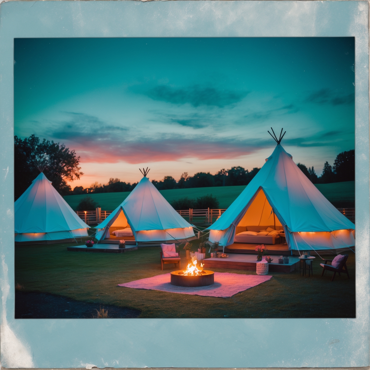 Girls glamping birthday party sleepover in Bell tents , decorating with blues, pinks and green colors. On a beautiful farm at sunset, with a outdoor movie night with lounge area and fire pit