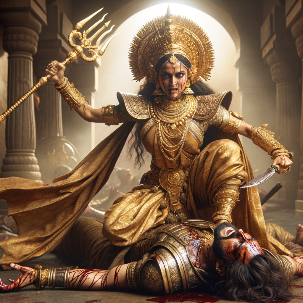 portrait of angry looking, indian goddess cosplayer straddling a defeated mahishasur, while he is lying on the ground and she stabs him with her trident. She is wearing gold armor, a huge gold crown, gold saree, abundant  gold jewelry, covered in blood. The scene is set in ancient India. The image is 8K resolution, cinematic, photography, ultra detailed face and epic.