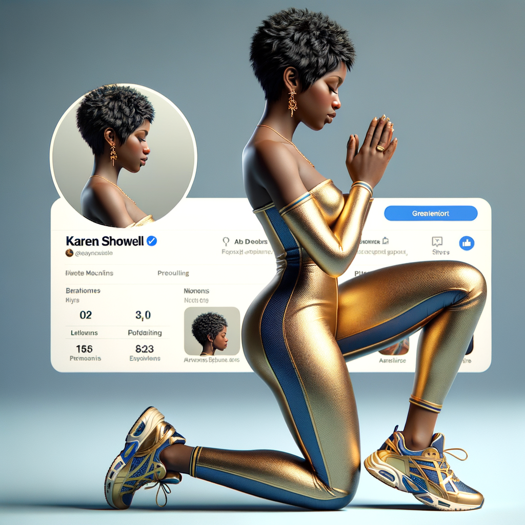 Create a 3D illustration of a realistic light skinned African-American woman on The remote her knees Praying , she has a black pixie cut haircut FACEBOOK social media with a FACEBOOK BACKGROUND . She is wearing a gold and blue jumpsuit and gold and blue Nike gym shoes. The background is a FACEBOOK social media profile with a user name “KAREN SHOWELL ” and profile FACEBOOK Cover