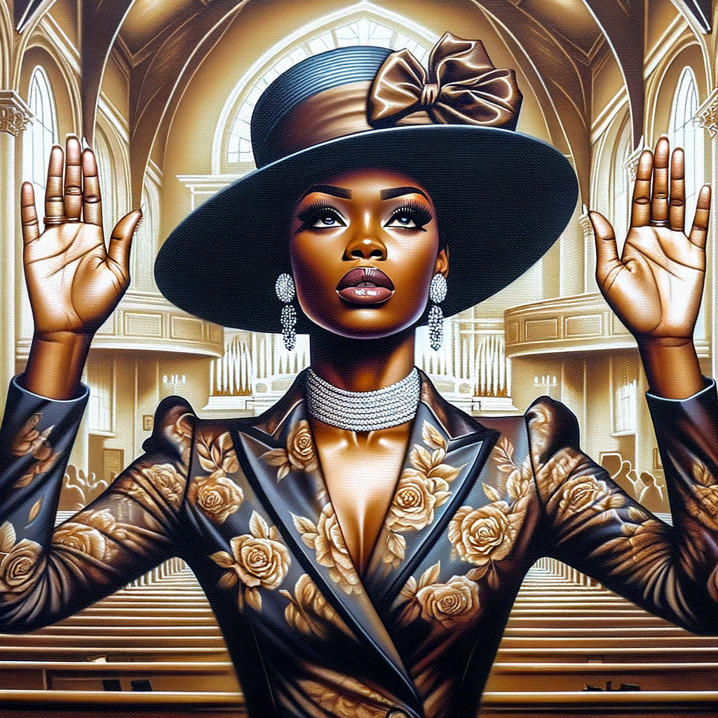 Render an airbrush oil painting of an African American woman with flawless makeup
kneeling at a church altar, her hands raised in a gesture of surrender to God. She's
dressed in stylish Sunday Best attire, with a particular focus on the delicate details of
her Church Hat. The background features a beautifully painted church interior, with the
oil paint texture enhancing the sacred atmosphere. The artwork should capture the
woman's devout expression, the elegance of her attire, and the spiritual ambiance of
the church setting, reflecting a moment of deep faith and devotion.