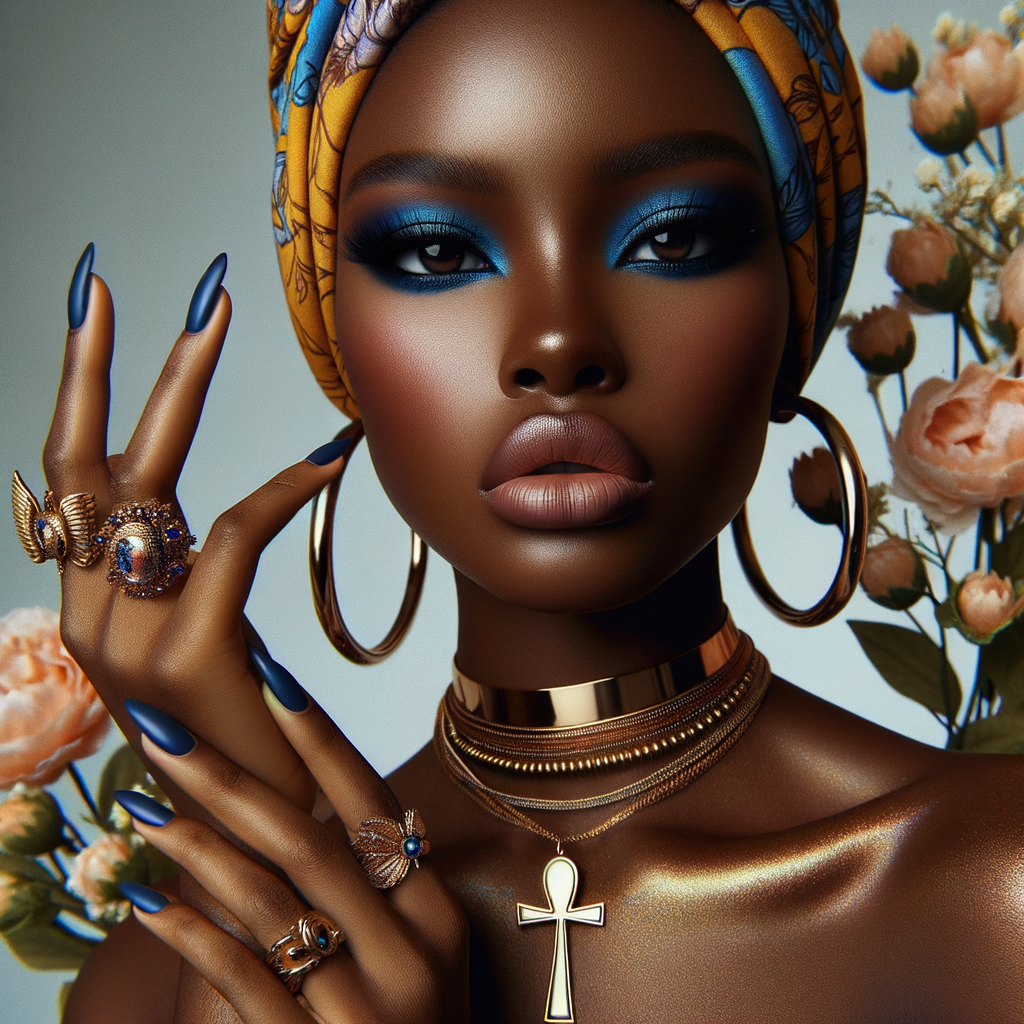 Create an image of an african-American, graceful woman , striking blue eyeshadow, and full lips. She wears large, golden hoop earrings and multiple necklaces, one with a prominent ankh pendant. Her hair is hidden beneath a vibrant, patterned head wrap in shades of blue, yellow, and orange. Her nails are painted dark blue, complementing her eyeshadow, and her fingers are adorned with a large, ornate gold ring. She poses elegantly against a background filled with soft pastel flowers, highlight her beauty