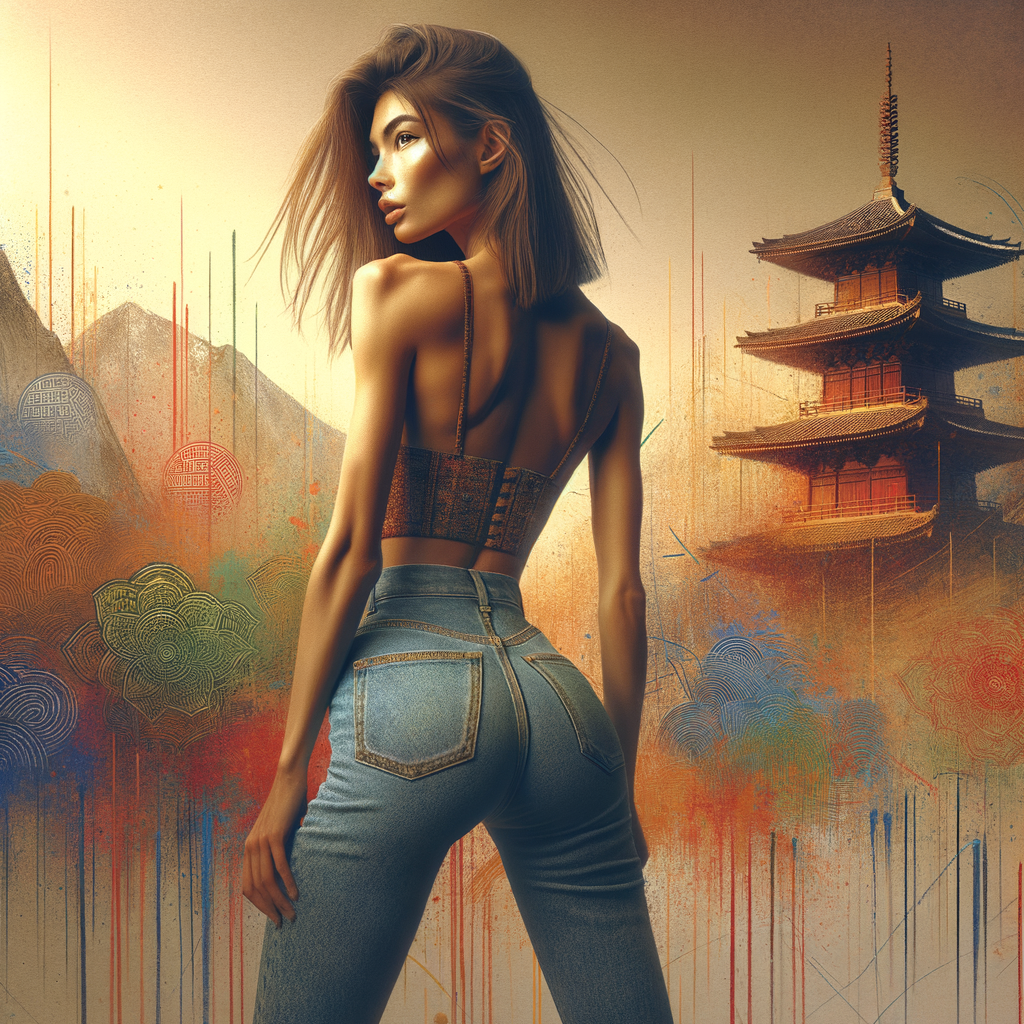 Athletic Thin skinny Attractive, Asian teenage girl, long brown hair and bangs, wearing tight skinny jeans and a halter top paint marks on her clothing, heroic pose Asian graffiti background, backside view