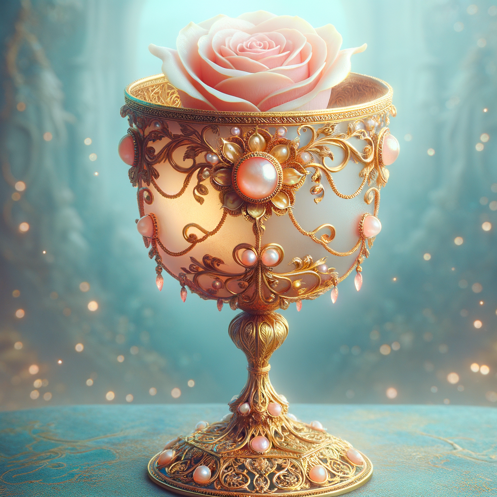 A fantastical and ornate golden goblet cradles a single, delicate pale pink rose. The goblet is adorned with intricate gold filigree work and studded with pearls, evoking a sense of royal luxury. The vessel's edges have a translucent pink enamel inlay that creates the illusion of a blooming flower holding the rose within its petals. Pink quartz stones add a touch of mystical allure to the stem and base, which are designed with a lace-like gold pattern, giving the impression of a treasured artifact from a fairy tale. The goblet is positioned against a soft-focus background with a gentle blue hue, highlighting its enchanting elegance.