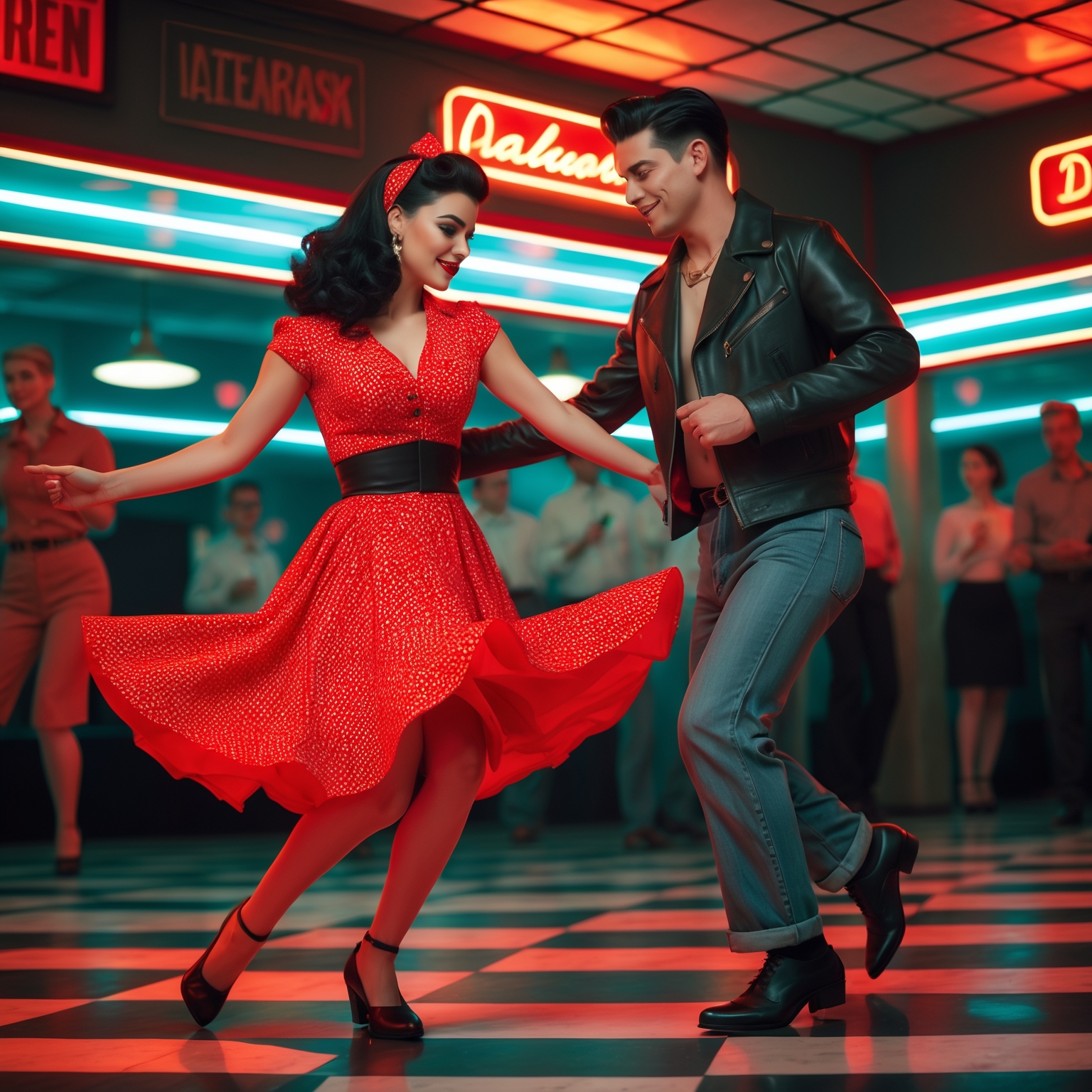 “A vibrant mid-century dance hall scene captured with a Canon EOS R5 and a 50mm f/1.2 lens. the image is focused on Dahlia Valentina fit tall supple well endowed tanned Italian American model (DahliaValentina_ai) stands in the center of a 1950s rockabilly dance, spinning in a bright red polka-dot dress with a fitted bodice and a flared skirt that lifts as she twirls. Her long wavy black hair is tied up with a matching headscarf, and she wears classic cat-eye eyeliner with a bold red lip. She dances with a charming partner dressed in a leather jacket and cuffed jeans, both caught mid-motion in a lively jitterbug step. The neon signs glow behind them, casting warm reflections on the checkered dance floor. The energy of the crowd, jukebox music, and the flickering of retro diner lights add to the nostalgic atmosphere. The composition follows dynamic angles, emphasizing movement and vintage allure.”